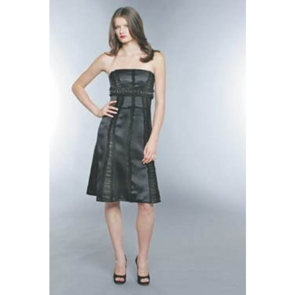 Vintage Y2K Badgley Mischka Strapless Cocktail Dress 2 Black Silk LBD Semi Forma - Picture 2 of 16